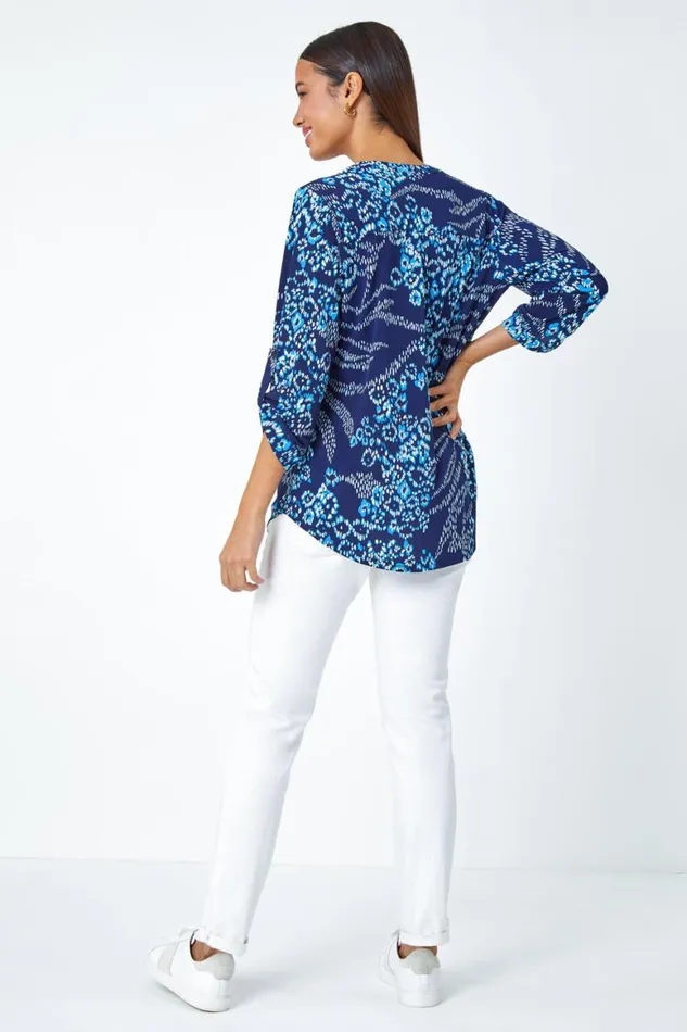 Women Blue Textured Animal Print VNeck Stretch Shirt Roman Tops