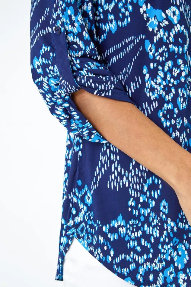 Women Blue Textured Animal Print VNeck Stretch Shirt Roman Tops