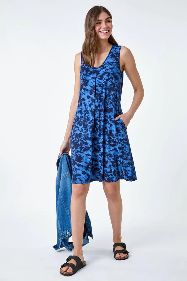 Women Blue Tie Dye Stretch Pocket Swing Dress Roman Dresses