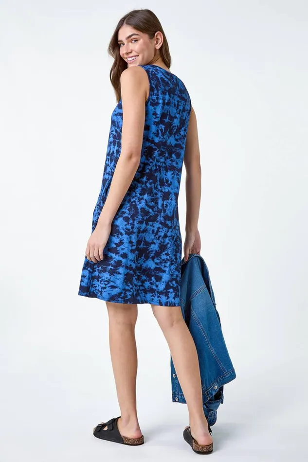 Women Blue Tie Dye Stretch Pocket Swing Dress Roman Dresses