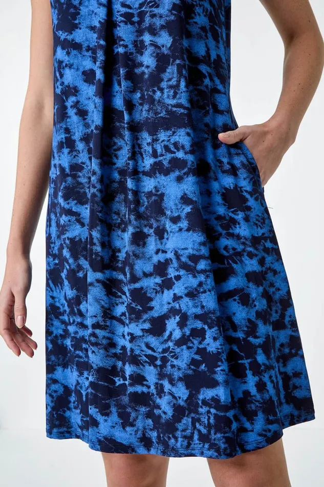 Women Blue Tie Dye Stretch Pocket Swing Dress Roman Dresses
