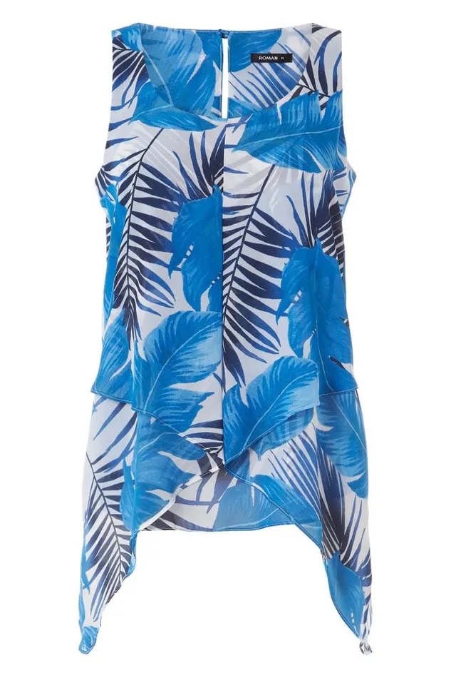 Women Blue Tropical Leaf Print Asymmetric Chiffon Top Roman Tops