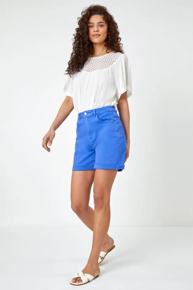 Women Blue Turn Up Cotton Stretch Shorts Roman Shorts