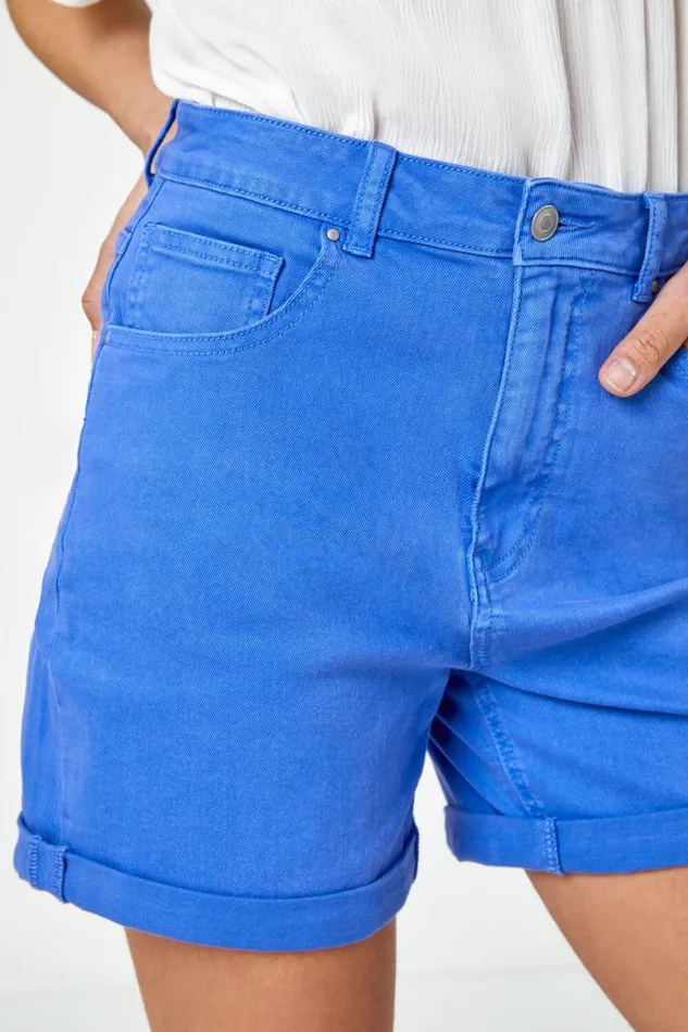 Women Blue Turn Up Cotton Stretch Shorts Roman Shorts