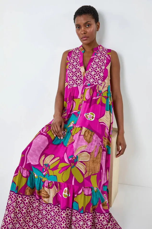 Women Boho Floral Print Smock Maxi Dress Roman Dresses