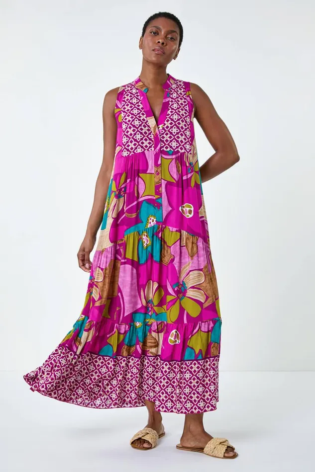 Women Boho Floral Print Smock Maxi Dress Roman Dresses