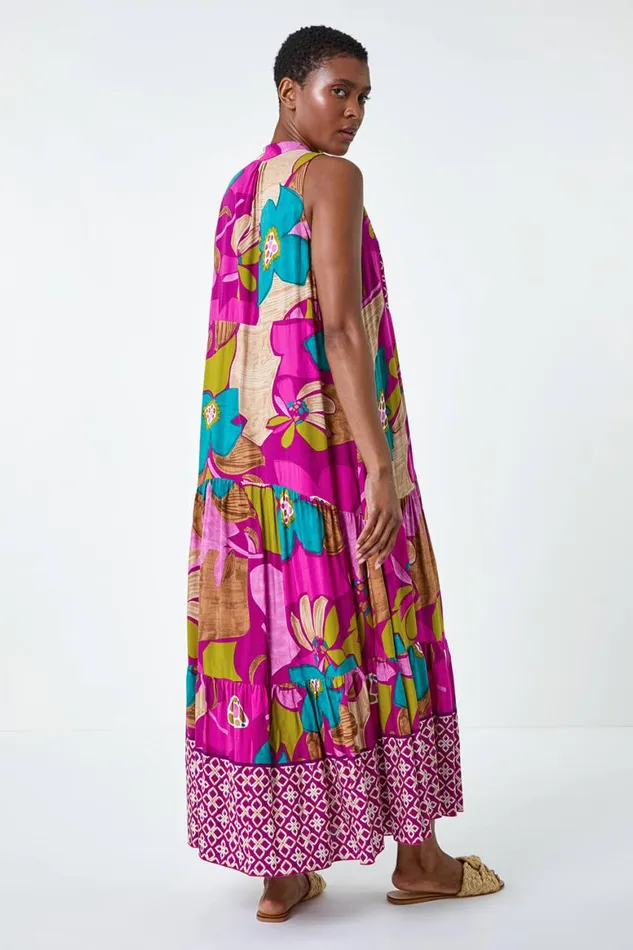 Women Boho Floral Print Smock Maxi Dress Roman Dresses