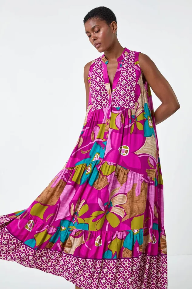 Women Boho Floral Print Smock Maxi Dress Roman Dresses