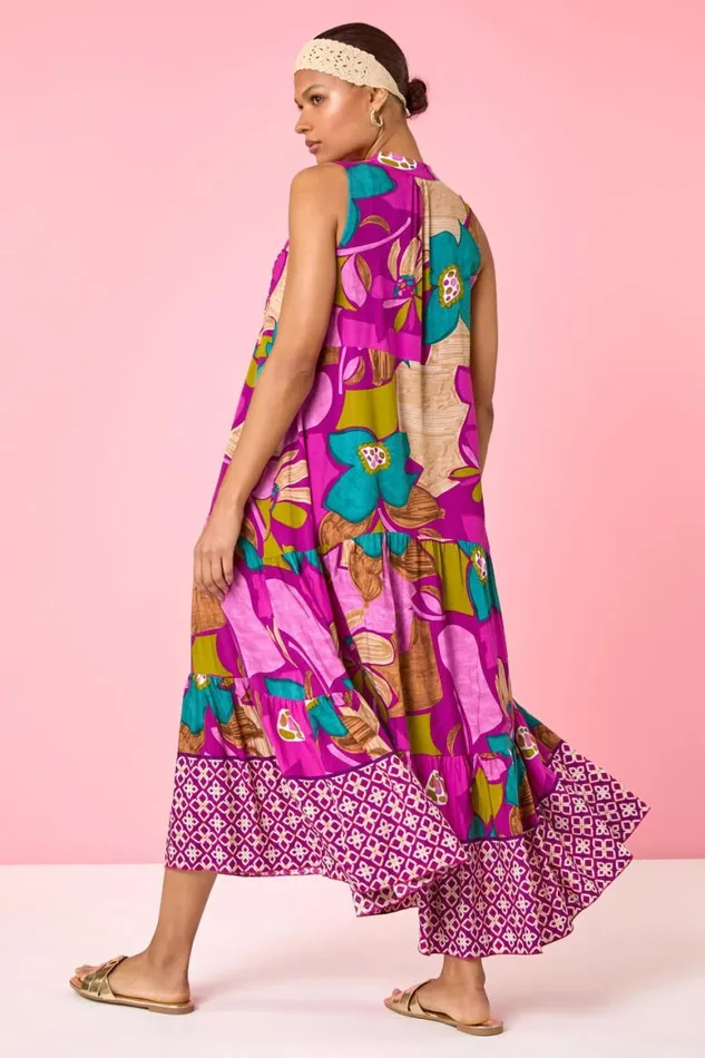 Women Boho Floral Print Smock Maxi Dress Roman Dresses