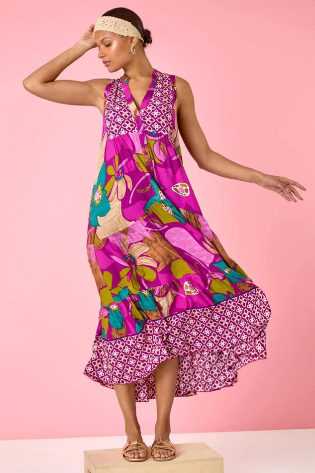 Women Boho Floral Print Smock Maxi Dress Roman Dresses