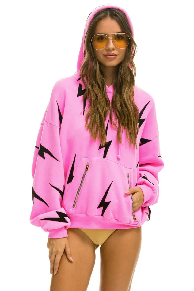 Women BOLT STITCH REPEAT RELAXED PULLOVER HOODIE WITH POCKET ZIPPERS 8211 NEON PINK BLACK Aviator Nation BoltCollection Women BOLT STITCH REPEAT RELAXED PULLOVER HOODIE WITH POCKET ZIPPERS 8211 NEON PINK BLACK Aviator Nation BoltCollection