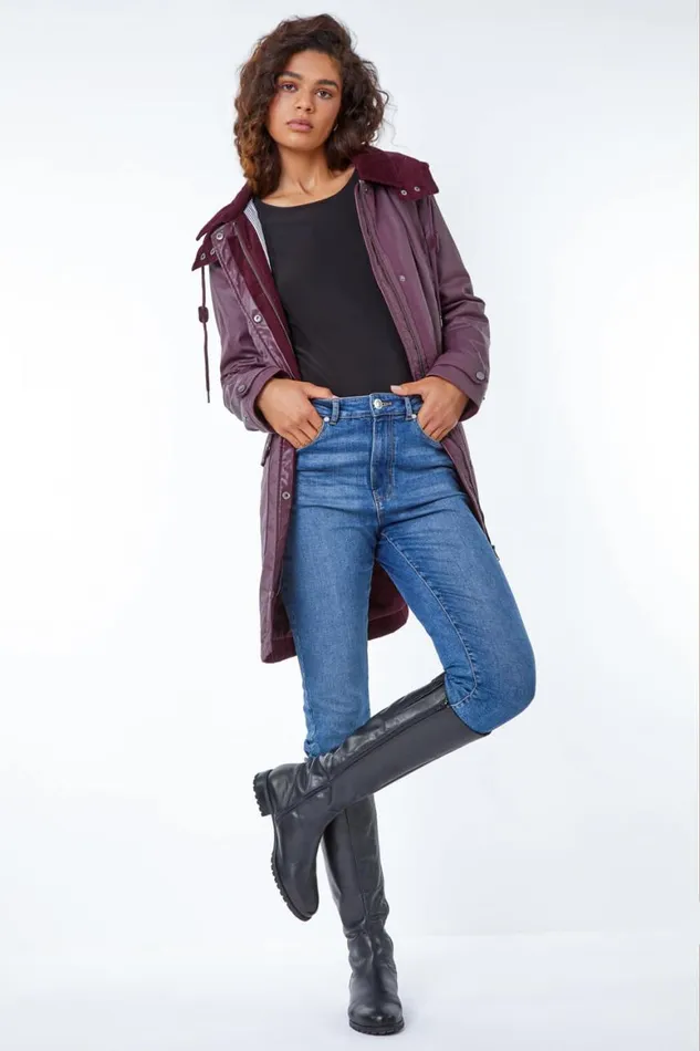 Women Bordeaux Waxed Longline Hooded Coat Roman Coats