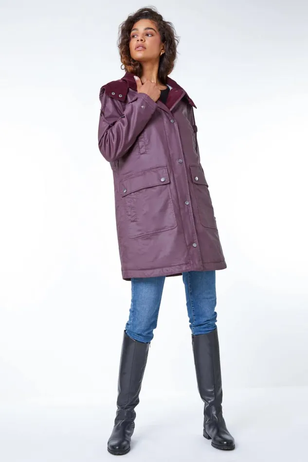 Women Bordeaux Waxed Longline Hooded Coat Roman Coats