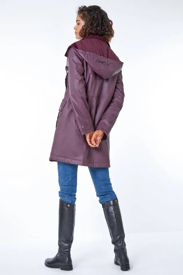 Women Bordeaux Waxed Longline Hooded Coat Roman Coats