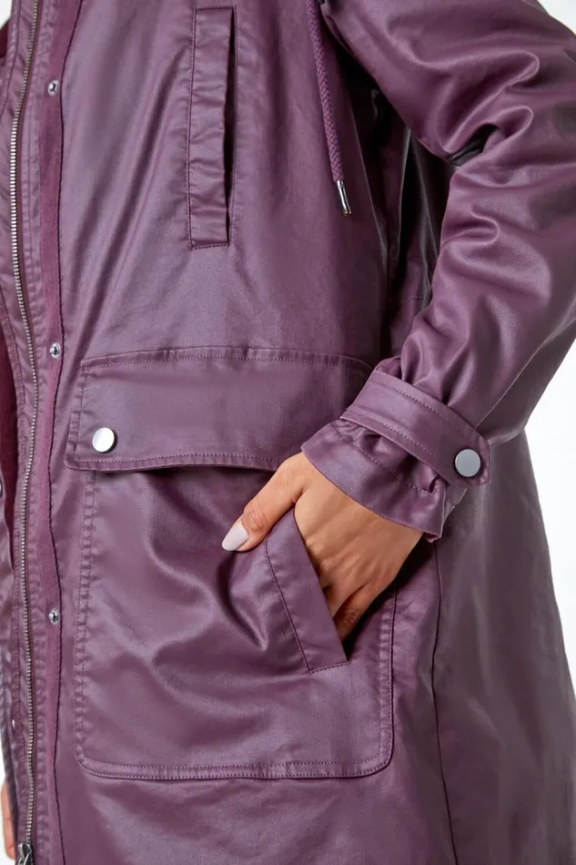 Women Bordeaux Waxed Longline Hooded Coat Roman Coats