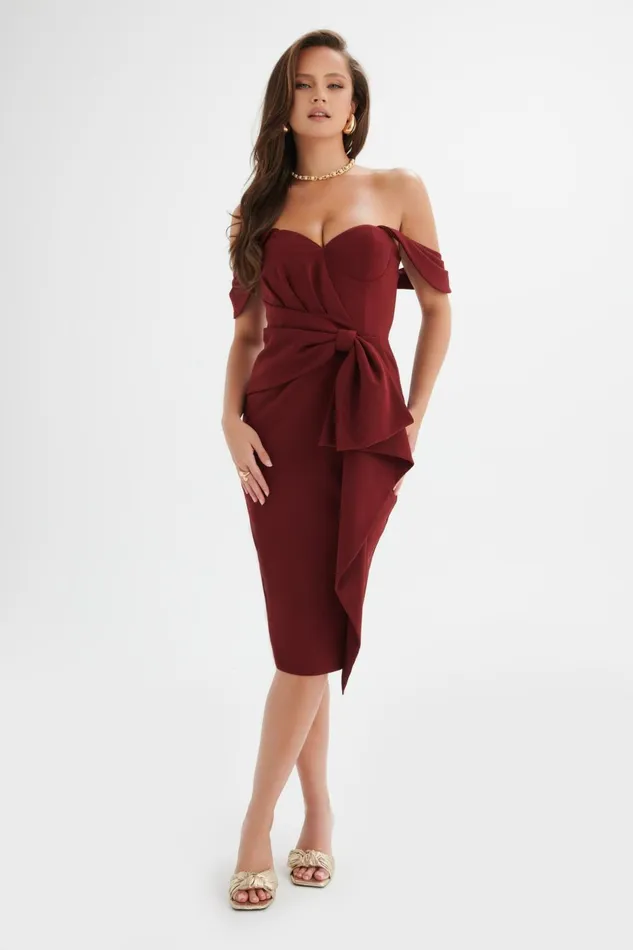 Women Bow Dresses Lavish Alice LORI Off Shoulder Bow Detail Midi Dress In Burgundy Burgundy Women Bow Dresses Lavish Alice LORI Off Shoulder Bow Detail Midi Dress In Burgundy Burgundy