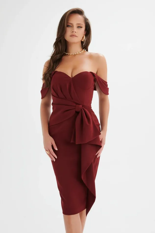 Women Bow Dresses Lavish Alice LORI Off Shoulder Bow Detail Midi Dress In Burgundy Burgundy