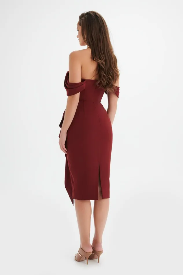 Women Bow Dresses Lavish Alice LORI Off Shoulder Bow Detail Midi Dress In Burgundy Burgundy