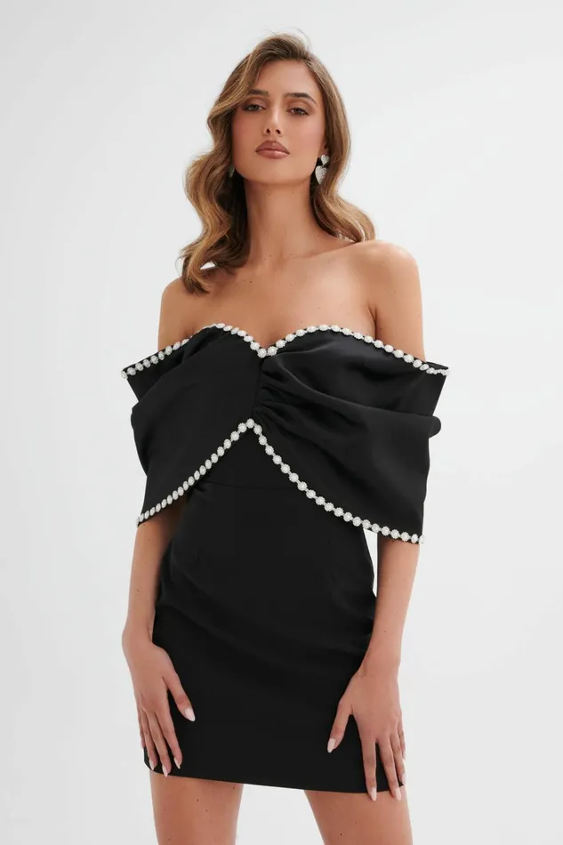 Women Bow Dresses Lavish Alice ROXANNA Bardot Embellished Volume Sleeve Mini Dress In Black Black Women Bow Dresses Lavish Alice ROXANNA Bardot Embellished Volume Sleeve Mini Dress In Black Black