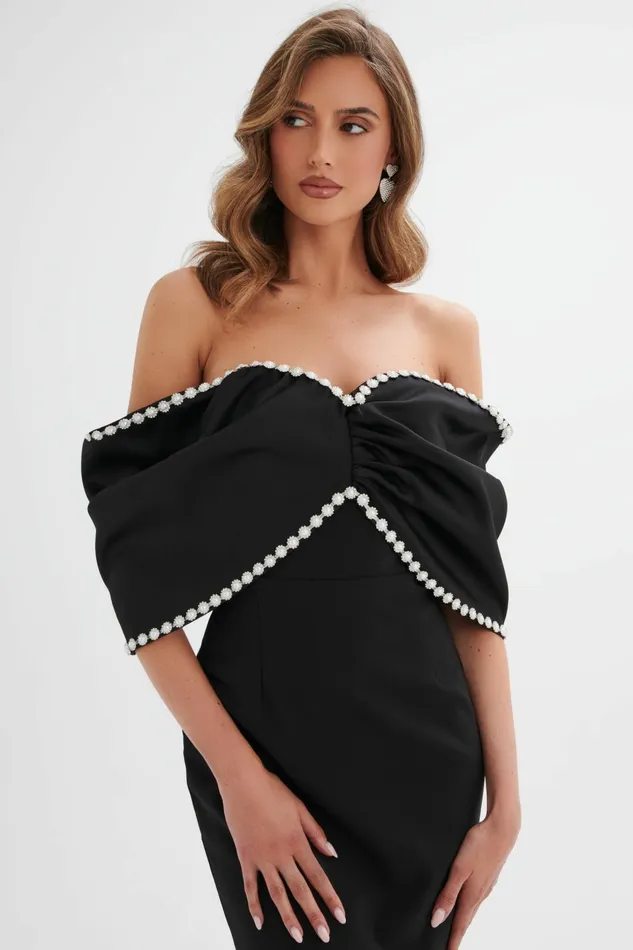 Women Bow Dresses Lavish Alice ROXANNA Bardot Embellished Volume Sleeve Mini Dress In Black Black