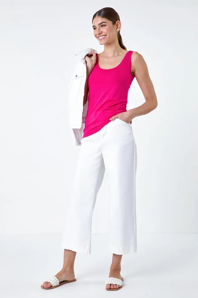Women Bright Pink Plain Stretch Jersey Vest Top Roman Tops
