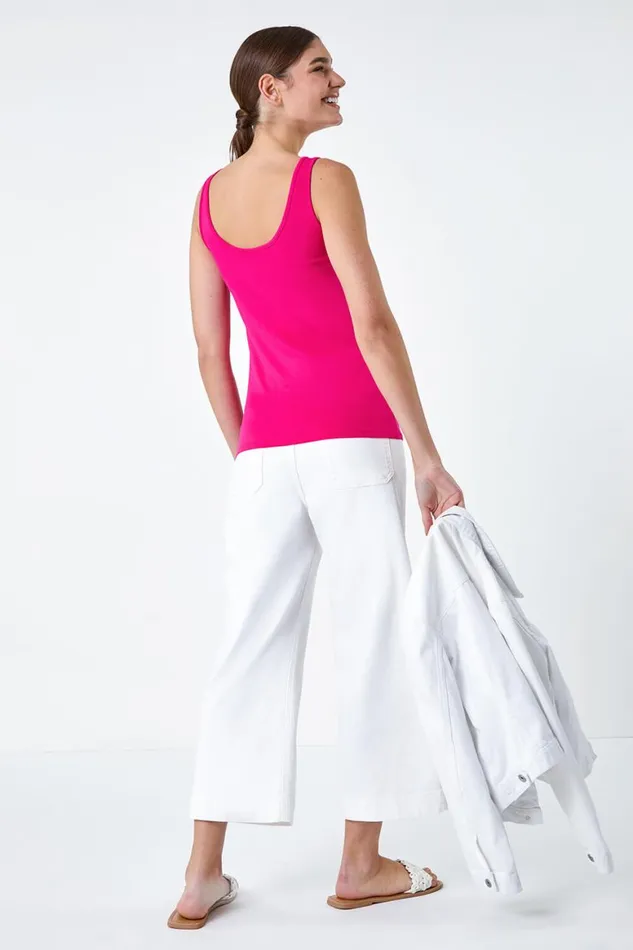 Women Bright Pink Plain Stretch Jersey Vest Top Roman Tops