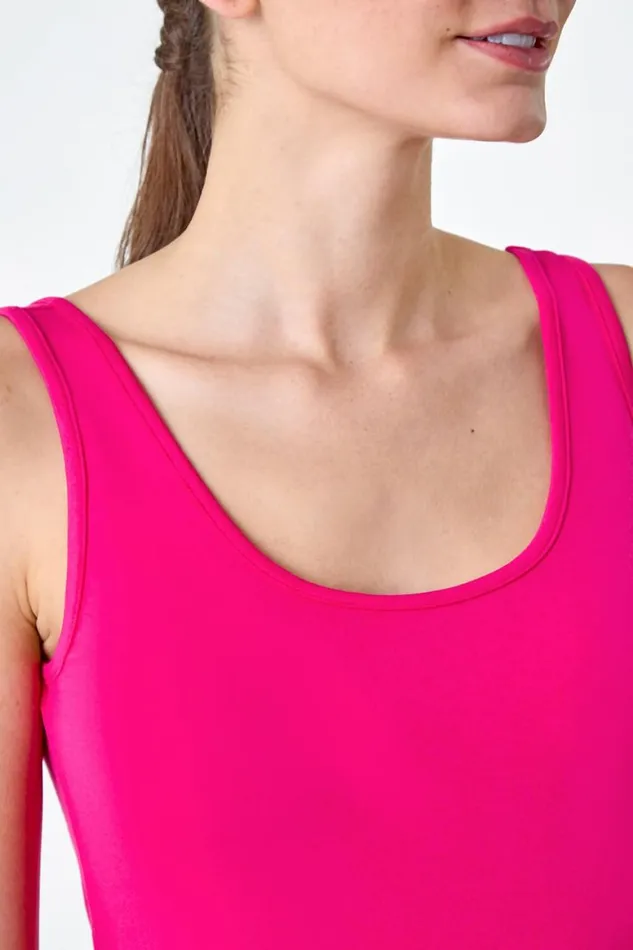 Women Bright Pink Plain Stretch Jersey Vest Top Roman Tops
