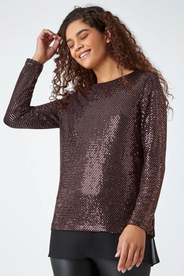 Women Bronze Sequin Chiffon Hem Stretch Top Roman Tops