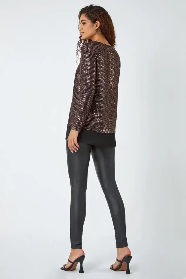 Women Bronze Sequin Chiffon Hem Stretch Top Roman Tops