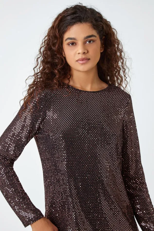 Women Bronze Sequin Chiffon Hem Stretch Top Roman Tops