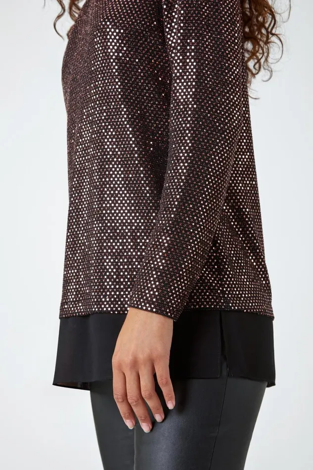 Women Bronze Sequin Chiffon Hem Stretch Top Roman Tops