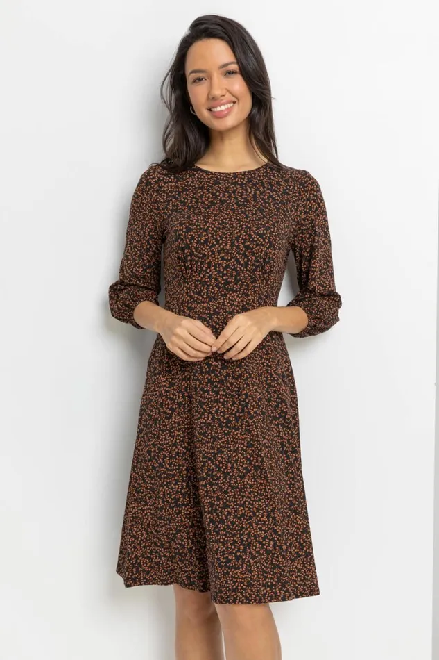 Women Brown Ditsy Floral Print Dress Roman Dresses