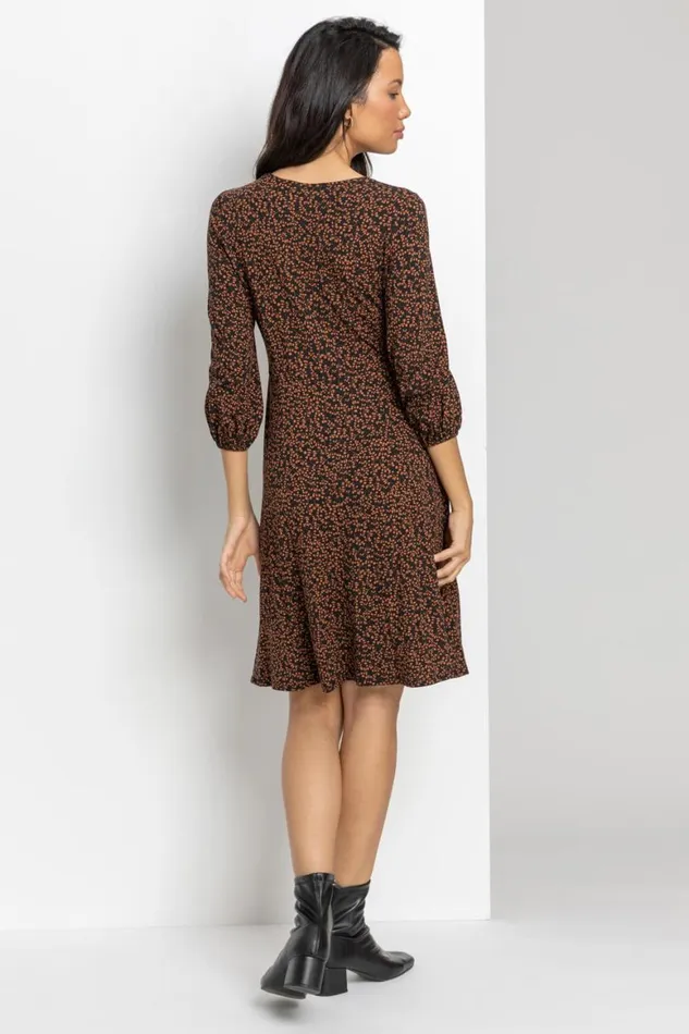 Women Brown Ditsy Floral Print Dress Roman Dresses