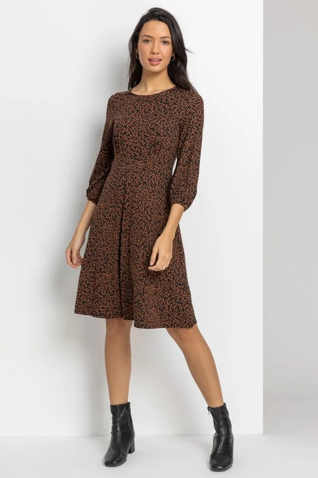 Women Brown Ditsy Floral Print Dress Roman Dresses
