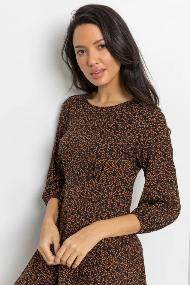 Women Brown Ditsy Floral Print Dress Roman Dresses