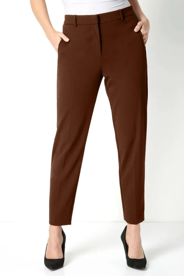 Women Brown Straight Leg Stretch Trouser Roman Trousers