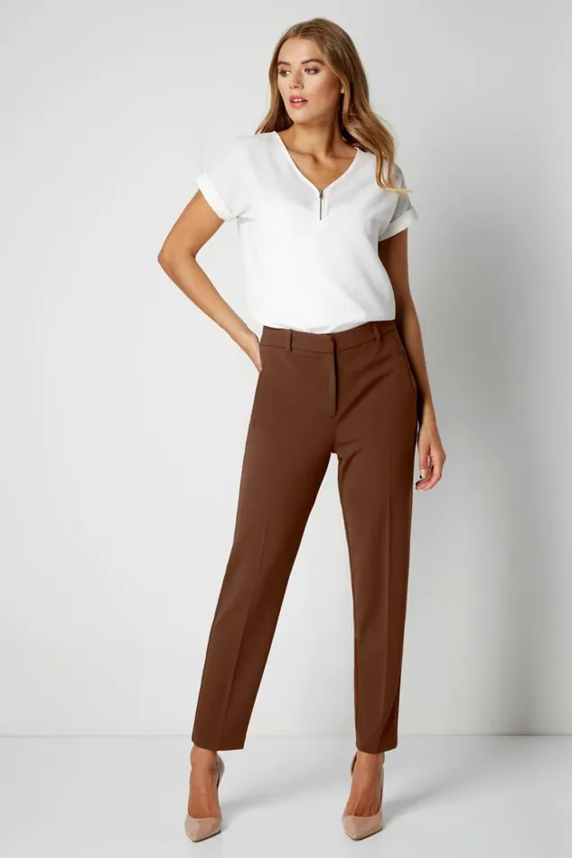 Women Brown Straight Leg Stretch Trouser Roman Trousers
