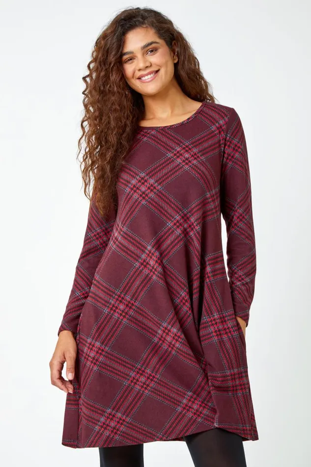 Women Burgundy Check Print Swing Stretch Dress Roman Dresses