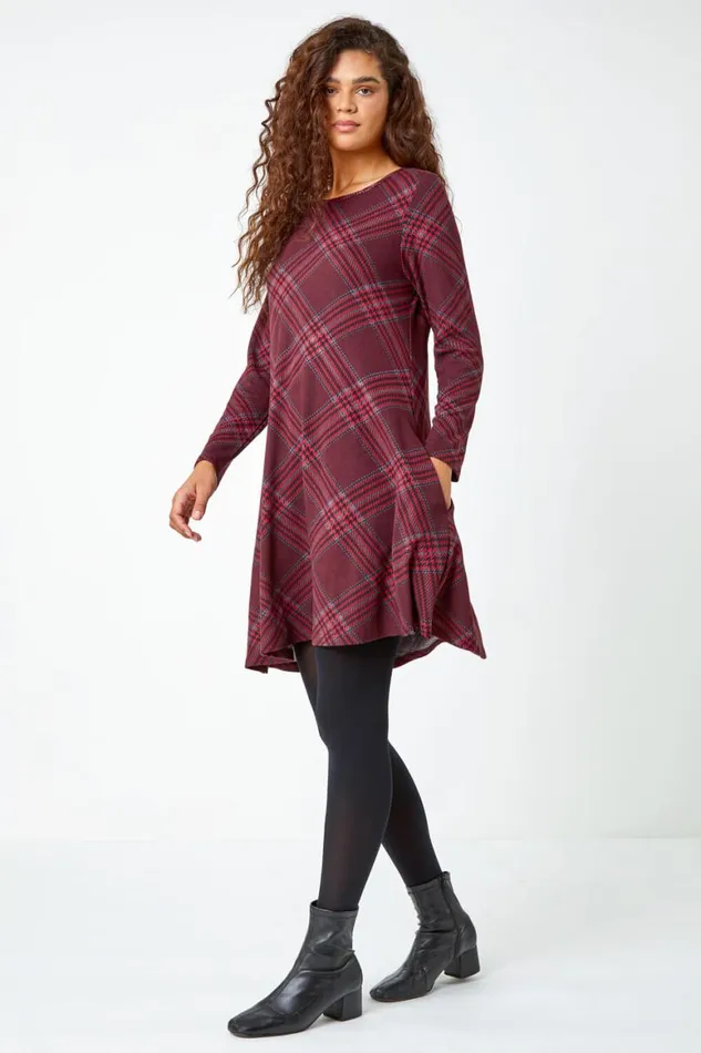 Women Burgundy Check Print Swing Stretch Dress Roman Dresses