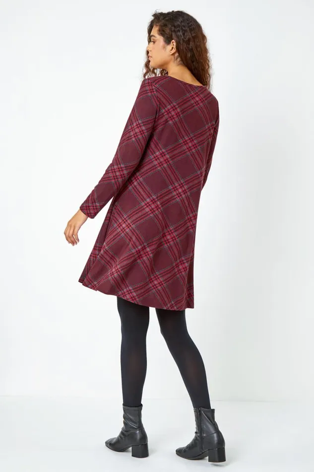 Women Burgundy Check Print Swing Stretch Dress Roman Dresses