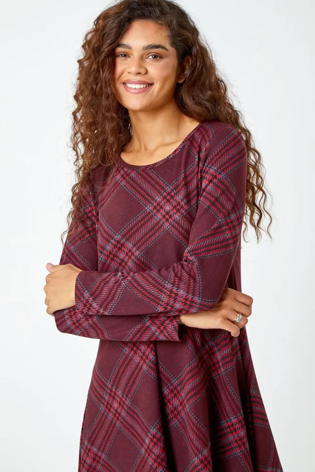 Women Burgundy Check Print Swing Stretch Dress Roman Dresses