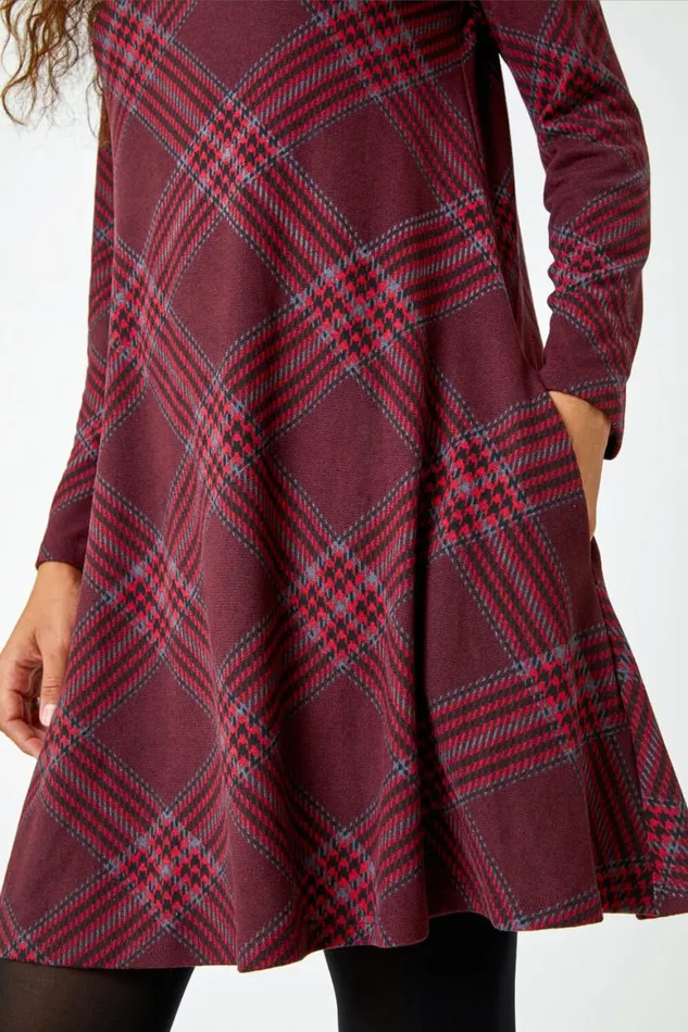 Women Burgundy Check Print Swing Stretch Dress Roman Dresses
