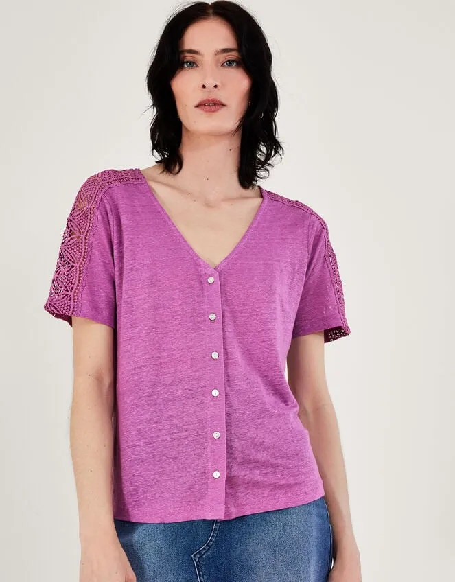 Women Button Through Lace Linen TShirt Purple Monsoon Tops and Blouses