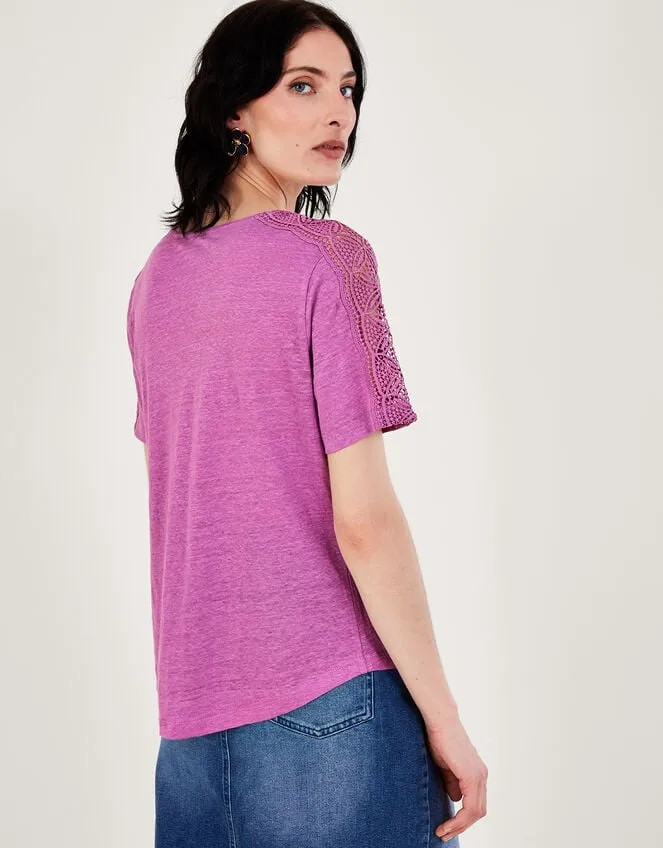 Women Button Through Lace Linen TShirt Purple Monsoon Tops and Blouses