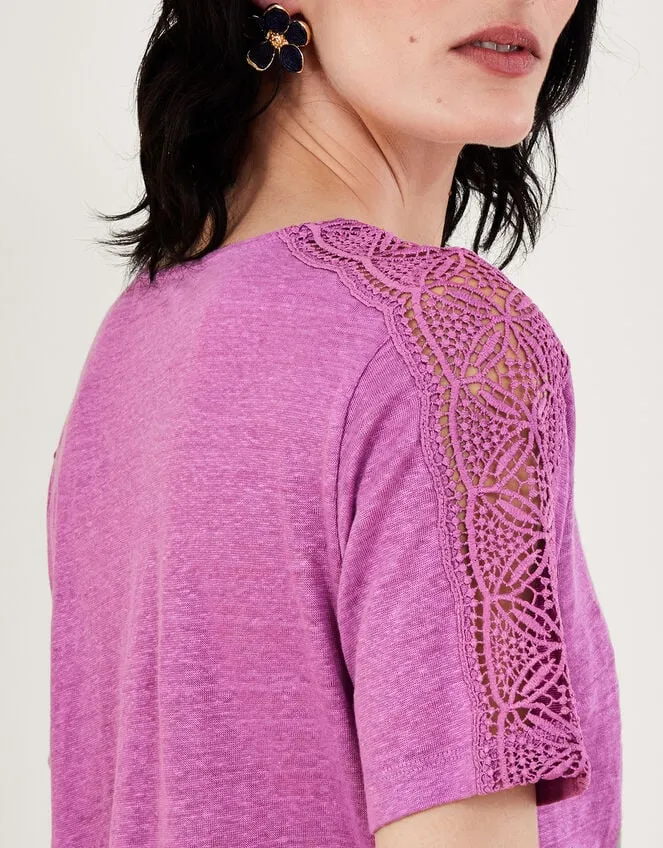 Women Button Through Lace Linen TShirt Purple Monsoon Tops and Blouses