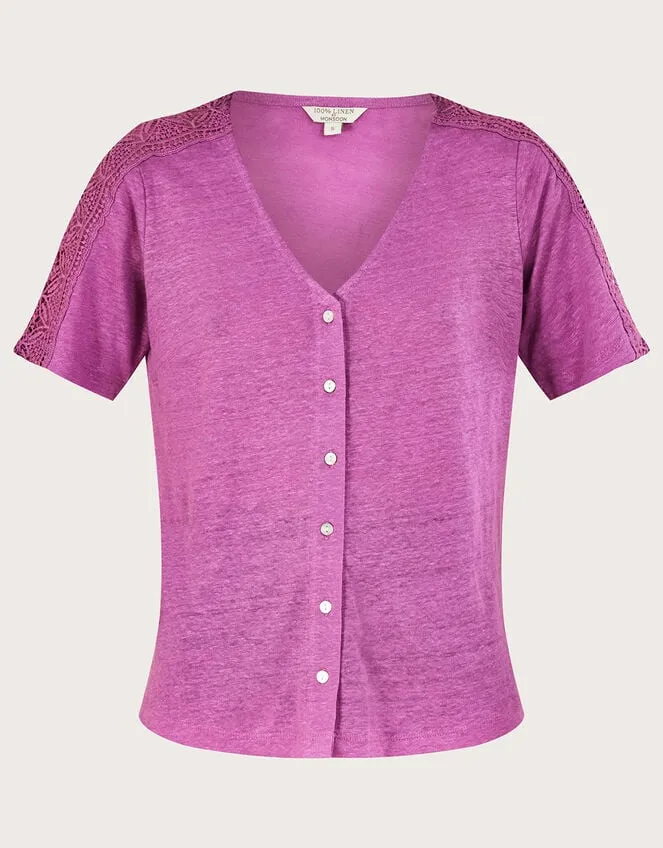 Women Button Through Lace Linen TShirt Purple Monsoon Tops and Blouses