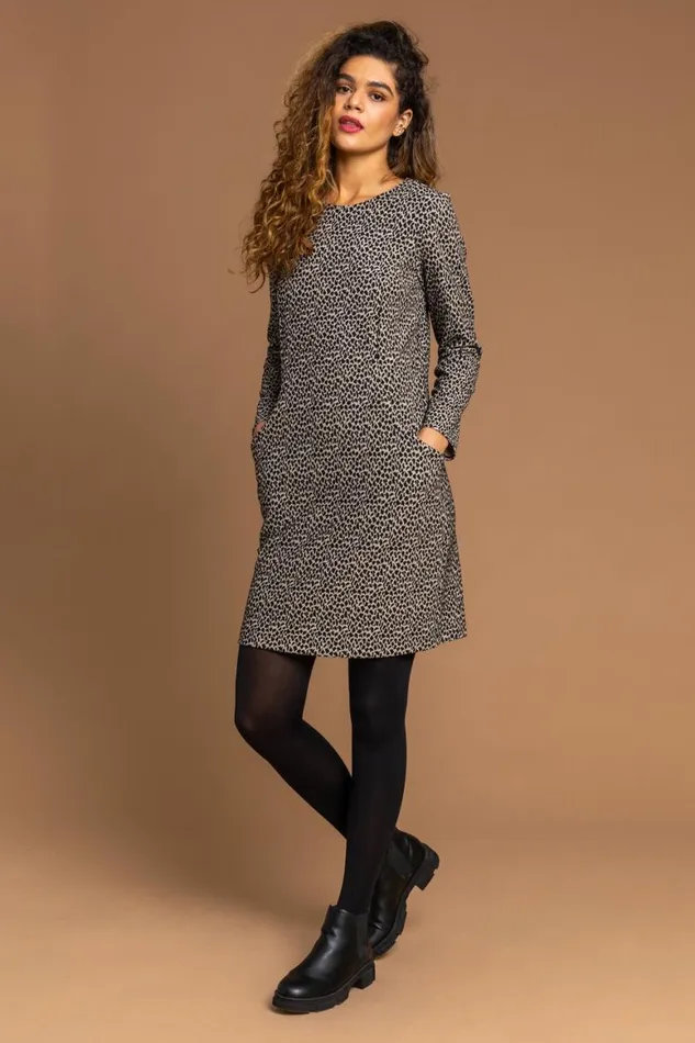 Women Camel Animal Print Ponte Shift Dress Roman Dresses