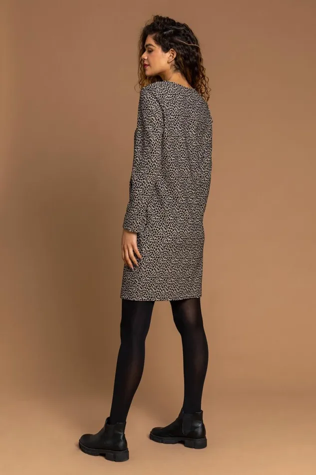 Women Camel Animal Print Ponte Shift Dress Roman Dresses