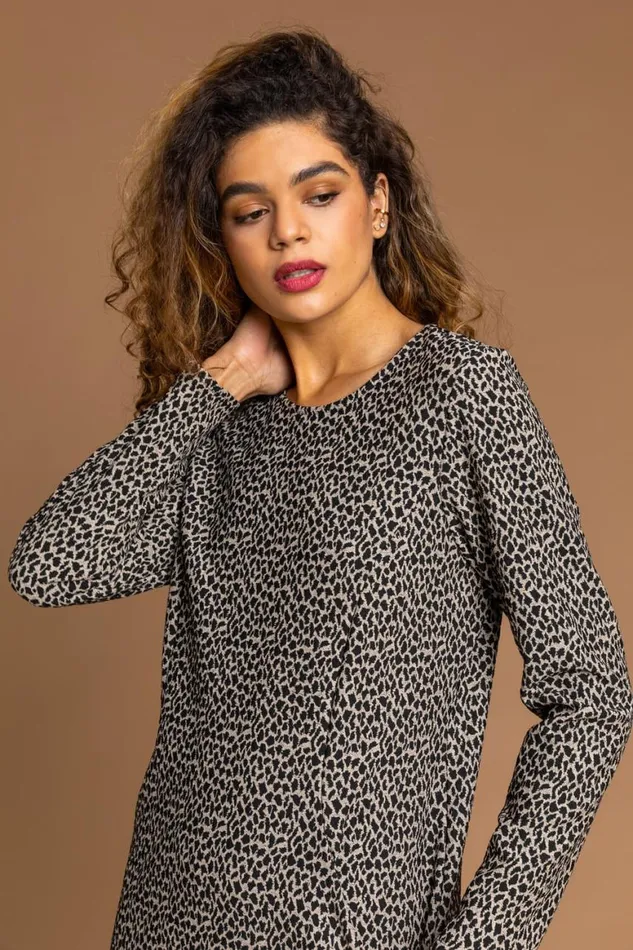 Women Camel Animal Print Ponte Shift Dress Roman Dresses