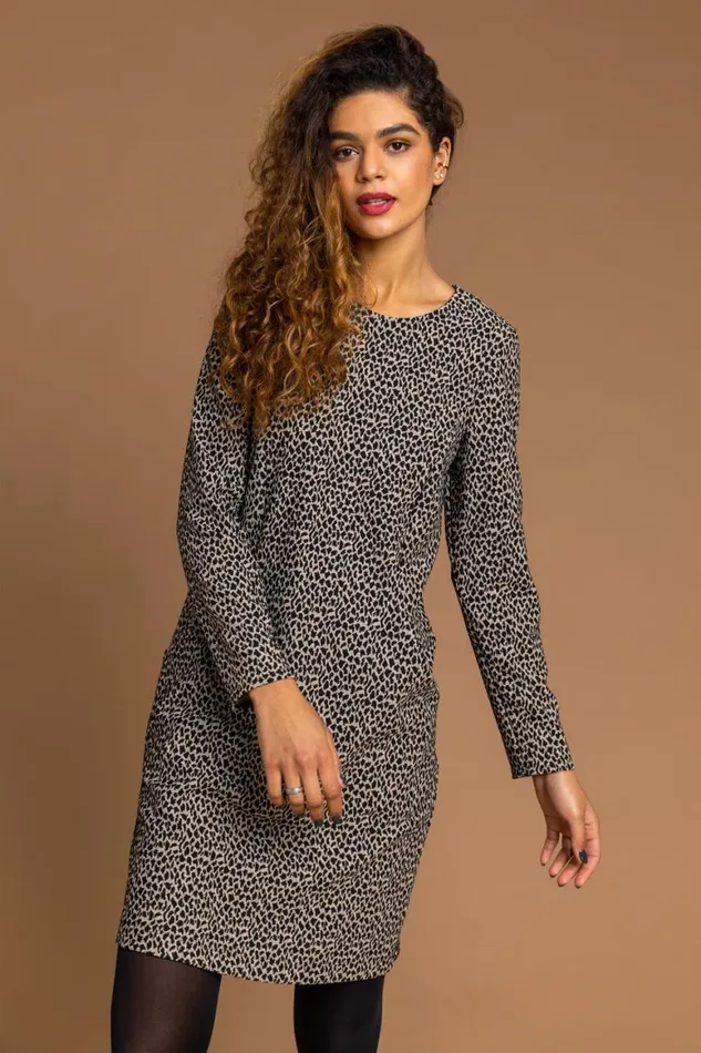 Women Camel Animal Print Ponte Shift Dress Roman Dresses